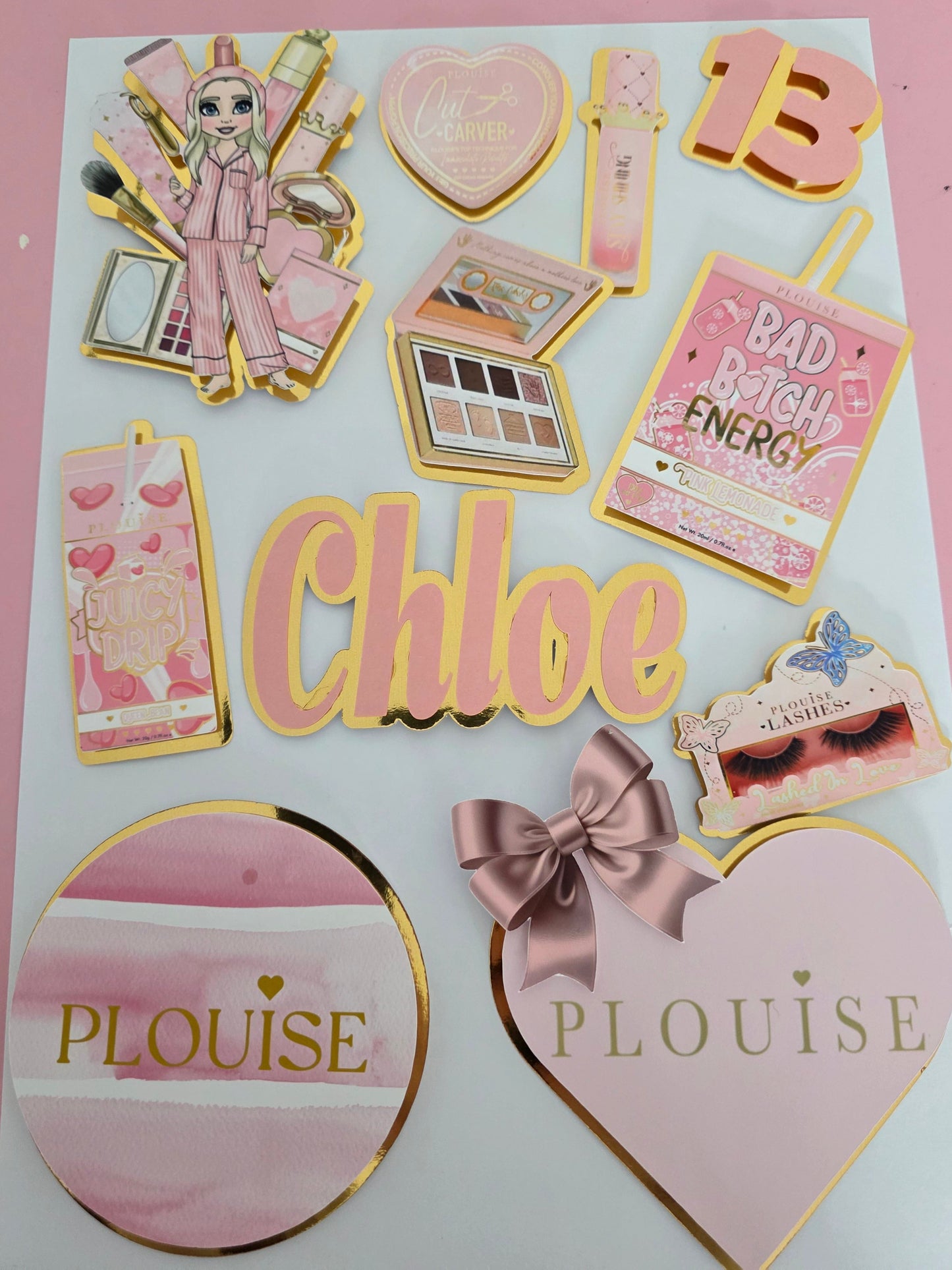 Personalised pink & gold makeup cake topper with custom name and age.