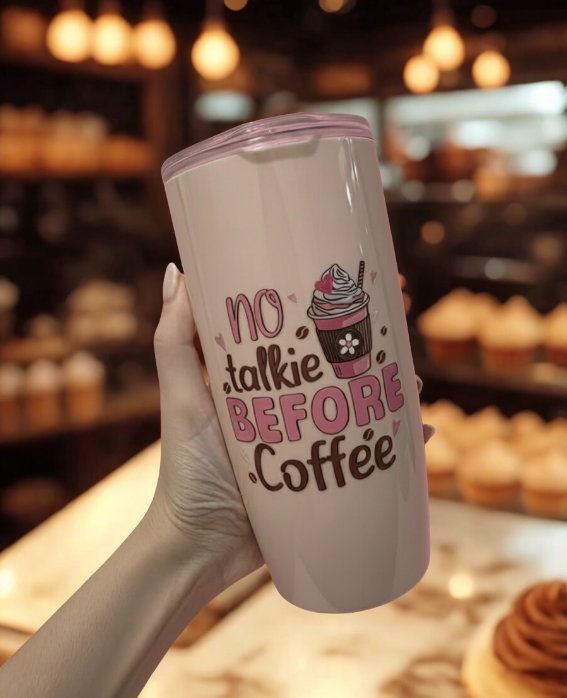 No Talkie Before Coffee - Pink Thermal Tumbler