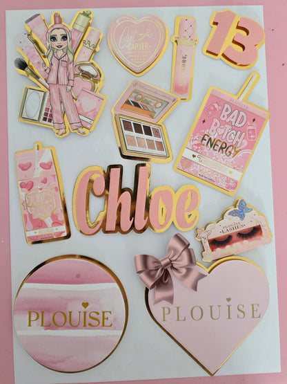 Personalised pink & gold makeup cake topper with custom name and age.