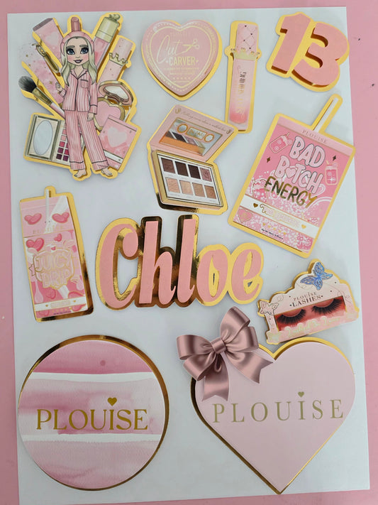 Personalised pink & gold makeup cake topper with custom name and age.