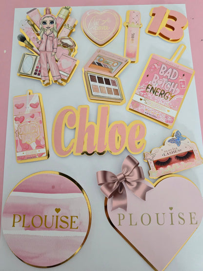 Personalised pink & gold makeup cake topper with custom name and age.